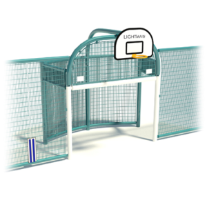 Curved Back Goal End with rebound fencing and integrated basketball equipment