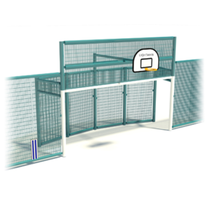 Large Square Back Goal End with enclosed sports fencing and integrated basketball equipment